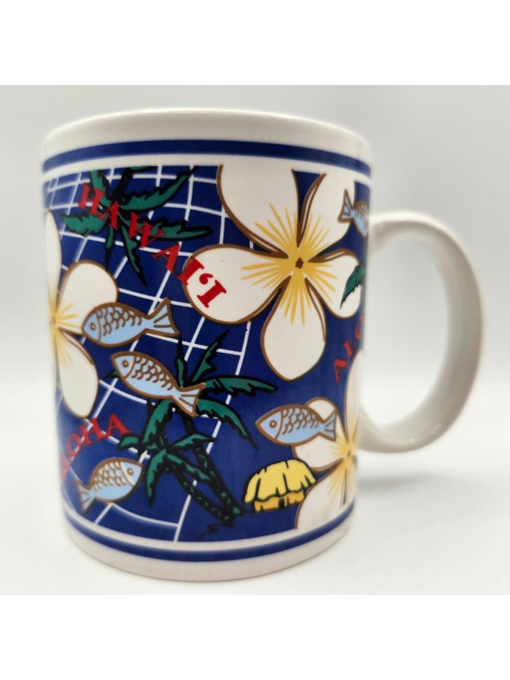 Vintage Island Heritage Blue Plumeria Of Aloha Hawaii Hawaiian Mug Fish 12oz